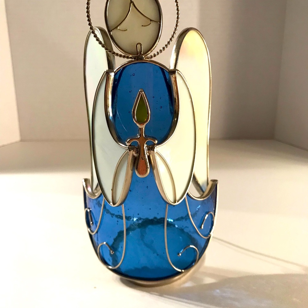 Vintage Blue & White Stained Glass Praying Angel Figurine Candle Holder